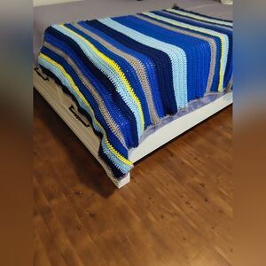 Crochet Blanket, Blue Striped Crochet Blanket 62 X 52 inches